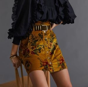 Anthropologie Floral Mini Skirt in Mustard and Red
